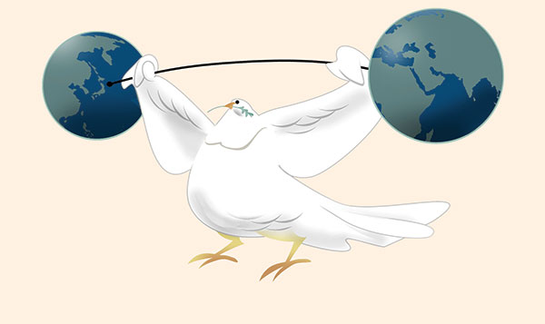 Illustration of a dove with a barbell that has two globes as weights