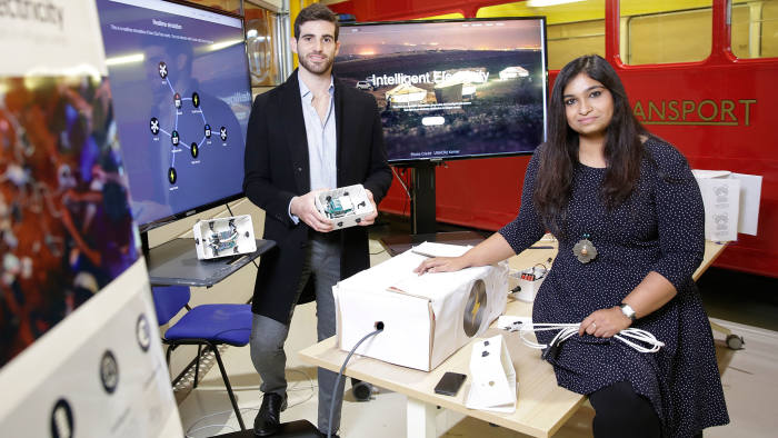 Iván Gabriel Leis and Lalitha Kakulapati with the prototype of ElecTree