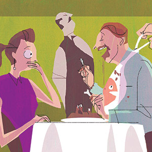 illustration of a man and woman in a dining spot.