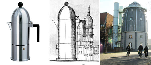 From left: La Cupola espresso coffee maker by Aldo Rossi, 1988; a sketch of Rossi’s coffee maker; and the Bonnefanten Museum in Maastricht, designed by Rossi and built in 1995