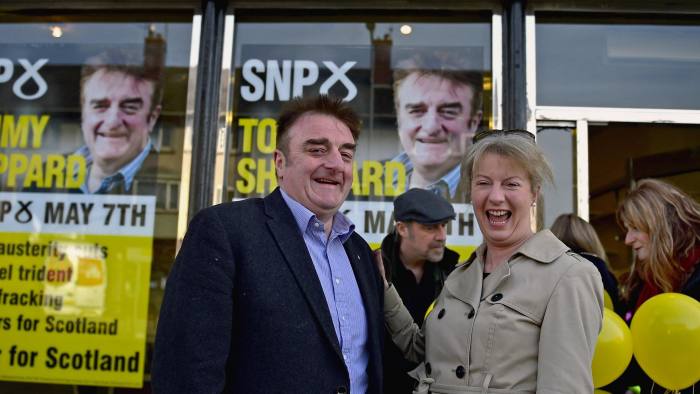 EDINBURGH, SCOTLAND - APRIL 02: SNP General Election candidate for Edinburgh East Tommy Sheppard is joined by Scotland's Health Secretary Shona Robertson during campaigning on April 2, 2015 in Portobello, Scotland. Tonight will see a televised leaders election debate with seven political parties, including Prime Minister David Cameron, Deputy Prime Minister Nick Clegg, Labour party leader Ed Miliband, UKIP's Nigel Farage and the leaders of the Green Party, Plaid Cymru and SNP leader Nicola Sturgeon. The debate will be the only time that David Cameron and Ed Miliband will face each other before polling day on May 7th. (Photo by Jeff J Mitchell/Getty Images)
