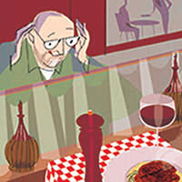Illustration by Richard Allen of a man in an Italian restaurant