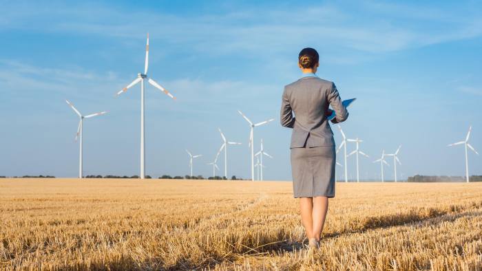 PTP633 Investor in green energy looking at her wind turbines standing with suit on field