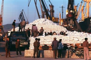 UN wheat arriving in North Korea in May 1999, at the end of the famine