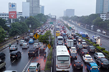 Early morning traffic on the main toll road heading into central Jakarta