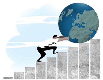 Illustration by Luis Grañena of a man pushing a globe up step by step
