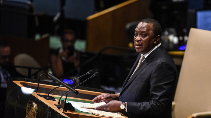 NEW YORK, NY - SEPTEMBER 26:  Kenyan President Uhuru Kenyatta delivers a speech at the United Nations General Assembly on September 26, 2018 in New York City. World leaders are gathered for the 73rd annual meeting at the UN headquarters in Manhattan.  (Photo by Stephanie Keith/Getty Images)