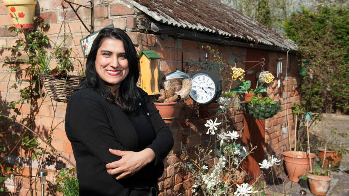 Jasvinder Sanghera, founder of the charity Karma Nirvana, in the garden of her Derbyshire home