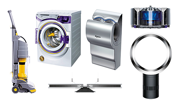Dyson icons (clockwise from left): 1993 The DC01 Standard upright vacuum cleaner; 2000 The CR01 Contrarotator washing machine; 2013 The Airblade Mk2 hand dryer; 2014 The 360 Eye robot vacuum cleaner; 2015 The AM06 Air Multiplier fan; 2015 Jake Dyson’s Ariel Downlight