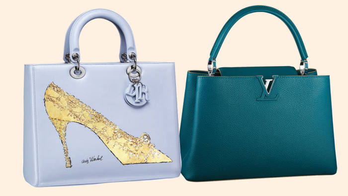 A Lady Dior bag boasting Andy Warhol’s signature heel sketch (£5,157); Louis Vuitton’s new rigid Capucines top-handle (£3,000)