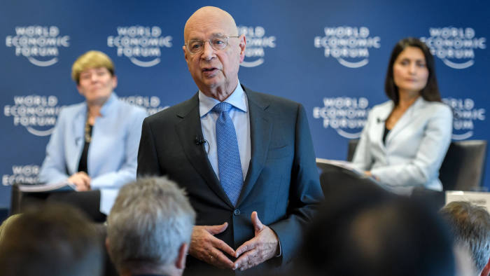 World Economic Forum (WEF) Founder and Executive Chairman Klaus Schwab attends a press conference ahead of the WEF 2018 Annual Meeting, on January 16, 2018 in Cologny, near Geneva. US President's planned visit to the World Economic Forum at at the luxury Swiss ski resort town of Davos next week will likely eclipse the long list of other movers and shakers set to attend. / AFP PHOTO / Fabrice COFFRINI (Photo credit should read FABRICE COFFRINI/AFP via Getty Images)