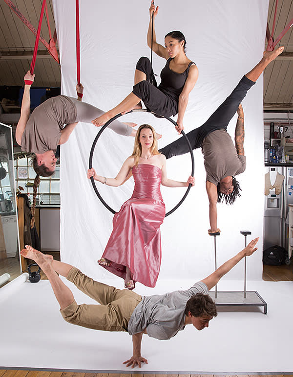 Sarah Tynan with an ensemble of circus artists