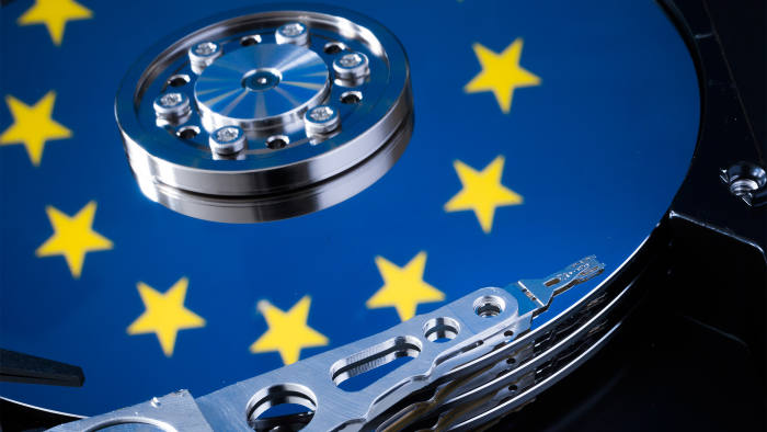 Symbolic photo for data protection, reflection of the flag of the European Union in a computer hard drive