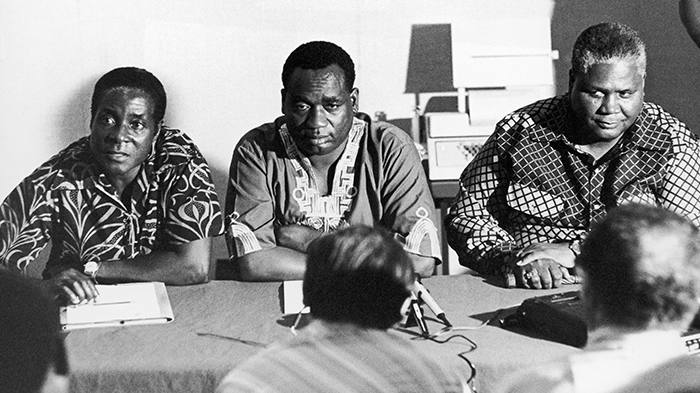 TANZANIA - JANUARY 01: From The Left: One Of The Leaders Of The Rhodesian Fighting Forces Robert Mugabe, The Secretary For Information And Deputy Of The African National Congress (Anc) Georges Silundika And The Leader Of The Zapu Party (Zimbabwe African People Union) Joshua Nkomo At A Meeting In Dar Es Salaam, Tanzania In The 60'S. (Photo by Keystone-France/Gamma-Keystone via Getty Images)