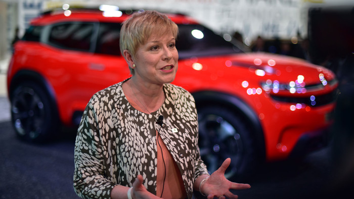 CEO of Citroen Linda Jackson talks during an interview at the 16th Shanghai International Automobile Industry Exhibition in Shanghai on April 20, 2015