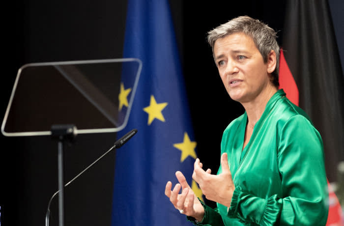 epa07796836 European Commissioner for Competition Margrethe Vestager speaks at the opening ceremony of the Business Day during the 17th Ambassadors Conference in Berlin, Germany, 27 August 2019. This year?s conference is organized under the motto ?Multilateralism - Germany in the EU and UN? together with numerous high-ranking representatives of politics, businesses and culture. EPA-EFE/HAYOUNG JEON