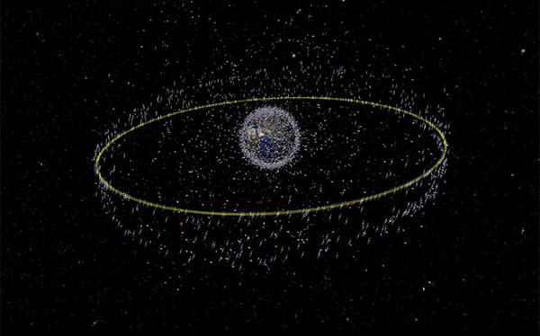 Telecoms satellites clustered in the orbit called geostationary ring