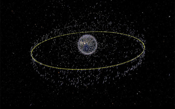 Telecoms satellites clustered in the orbit called geostationary ring