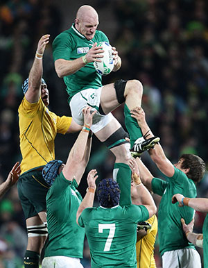 Ireland's Paul O'Connell claims possession against Australia in the 2011 World Cup
