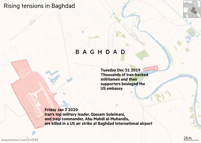 Map showing recent events in Baghdad. Tuesday Dec 31 2019 Thousands of Iran-backed militiamen and their supporters attack the
US embassy . Friday Jan 3 2020Iran’s top military leader, Qassem Soleimani, and Iraqi commander,  Abu Mahdi al-Muhandis, are killed in a US air strike at Baghdad International airport