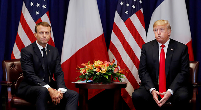 France's President Emmanuel Macron and U.S. President Donald Trump react as they hold a bilateral meeting on the sidelines of the 73rd United Nations General Assembly in New York, U.S., September 24, 2018. REUTERS/Carlos Barria TPX IMAGES OF THE DAY