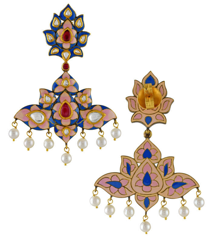 Amrapali's 18kt yellow gold, diamond, pearl and enamel earrings, £5,400, Amrapali, London SW3