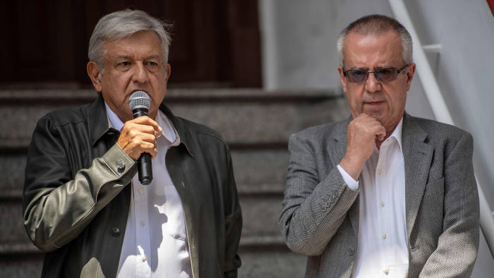 (FILES) In this file photo taken on July 23, 2018 Mexico's President-elect Andres Manuel Lopez Obrador (L) speaks during a press conference next to his appointed Finance Minister Carlos Urzua, at their party's headquarters in Mexico City. - Urzua resigned on July 9, 2019 citing discrepancies with Lopez Obrador's government. (Photo by Pedro PARDO / AFP)PEDRO PARDO/AFP/Getty Images