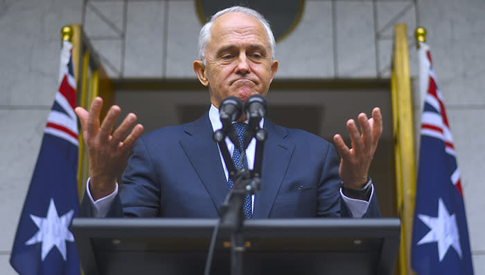 Australian Prime Minister Malcolm Turnbull reacts during a media conference at Parliament House in Canberra, Australia, August 23, 2018. AAP/Lukas Coch/via REUTERS ATTENTION EDITORS - THIS IMAGE WAS PROVIDED BY A THIRD PARTY. NO RESALES. NO ARCHIVE. AUSTRALIA OUT. NEW ZEALAND OUT.