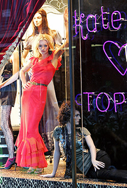 Kate Moss promotes her new range of clothing in the window of the Oxford Street Topshop, April 2007