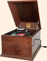 A large, antique gramophone from the early 1900s