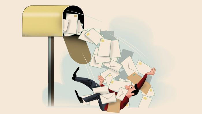 Illustration of a man deluged with letters from a mailbox