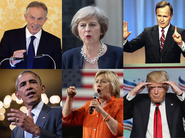 Clockwise from top left: Tony Blair, Theresa May, George HW Bush, Donald Trump, Hillary Clinton and Barack Obama