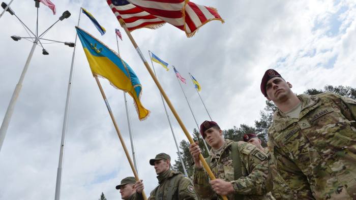 Ukrainian and US soldiers at the opening ceremony of a joint militrary exercise in the Lviv region