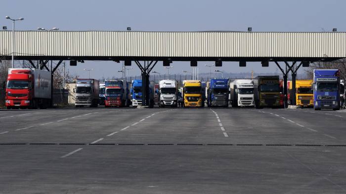 Trucks are seen at the Kapitan Andreevo border crossing point between Bulgaria and Turkey on February 11, 2011. Bulgaria and Romania must take as much time as they need in order to get one hundred percent ready for joining the Schengen Area, which will probably not be just a few months, according to the French EU affairs minister. AFP PHOTO / DIMITAR DILKOFF (Photo credit should read DIMITAR DILKOFF/AFP/Getty Images)