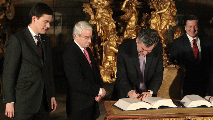 Prime minister Gordon Brown signed the Lisbon Treaty at the Coche museum on December 13, 2007