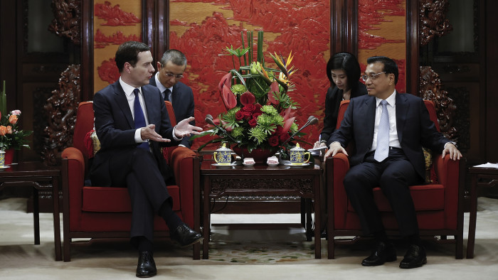 BEIJING, CHINA - SEPTEMBER 21: Chinese Premier Li Keqiang (R) meets with British Chancellor of the Exchequer George Osborne at the Zhongnanhai Leadership Compound on September 21, 2015 in Beijing, China. The Chancellor of the Exchequer is on a five-day visit to China. (Photo by Lintao Zhang/Pool/Getty Images)