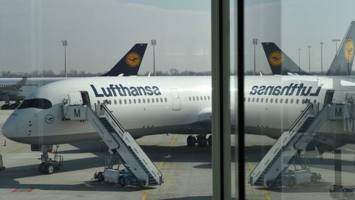 (FILES) In this file photo taken on March 16, 2017 a new aircraft Airbus A 350 of the German airline Lufthansa is pictured at the Lufthansa terminal of the Franz-Josef-Strauss airport in Munich, southern Germany, prior the annual press conference of the airline Lufthansa on March 16, 2017. 
Lufthansa announced cancelling 800 flights on April 10, 2018 in German airport strikes. / AFP PHOTO / Christof STACHECHRISTOF STACHE/AFP/Getty Images