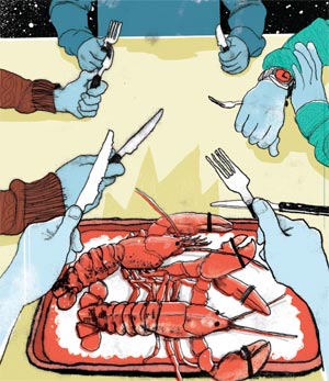 An illustration by Luke Waller depicting a dinner of lobsters