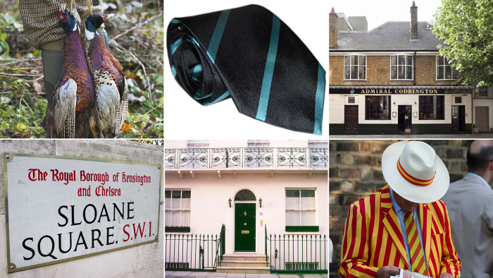Clockwise, from top left: dead pheasants; necktie; Admiral Codrington; Marylebone Cricket Club member; the facade of terraced housing Belgravia; Sloane Square street sign