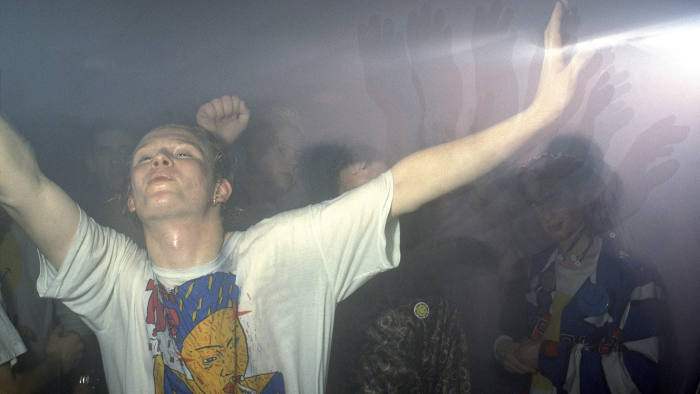 Sweaty ravers on the dance floor, Shoom Club, London, 1988.