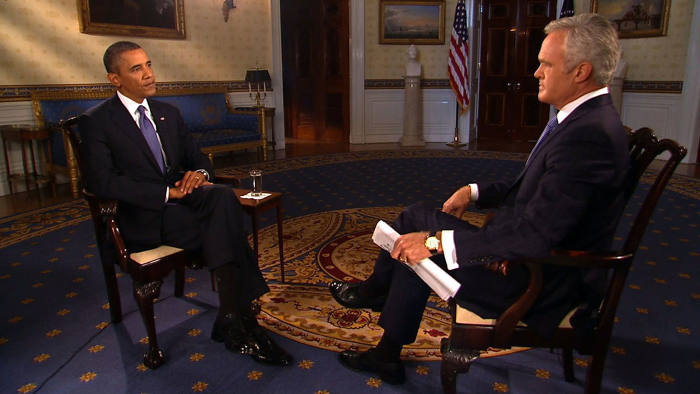 In this image from video provided by CBS News, CBS Evening news anchor Scott Pelley interviews President Barack Obama in the Blue Room of the White House in Washington, Monday, Sept. 9, 2013. Obama is grasping all his tools of persuasion in trying to turn around public opinion and rally congressional support for a strike against Syria. Heís got tricky ground to cover in his Oval Office address Tuesday night and acknowledged on the eve of it that Americans donít back his course