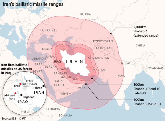 Map of Middle East showing range of Iran's ballistic missiles and locations of two bases in Iraq that were attacked