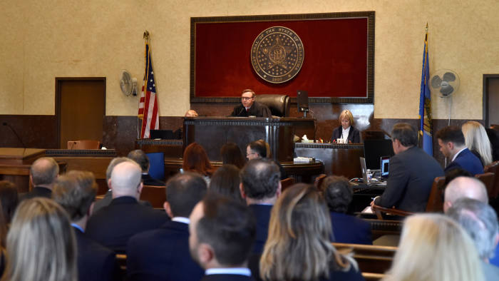 Judge Thad Balkman welcomes the court on the first day of a trial of Johnson & Johnson over claims they engaged in deceptive marketing that contributed to the national opioid epidemic in Norman, Oklahoma, U.S. May 28, 2019. REUTERS/Nick Oxford - RC15ABF5B5C0