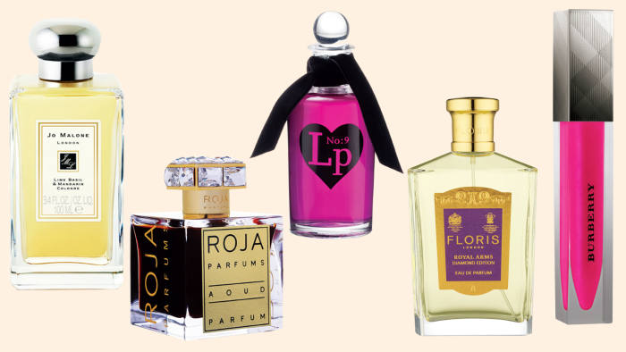 From left: Lime Basil & Mandarin Cologne, Jo Malone; Aoud Parfum, Roja Parfums; LP No9 For Women, Penhaligon; Royal Arms Eau de Parfum, Floris; Lip Glow in Pink Sweet Pea, Burberry