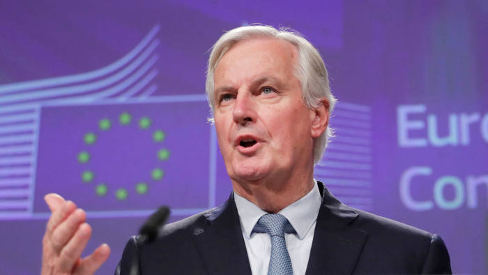 Mandatory Credit: Photo by OLIVIER HOSLET/EPA-EFE/Shutterstock (10448432c) European Union chief Brexit negotiator Michel Barnier gives a press briefing on the sidelines of Brexit negotiation in Brussels, Belgium, 17 October 2019. Brexit talks continued in Brussels ahead of a EU summit scheduled for 17 and 18 October. EU Commission Brexit talks, Brussels, Belgium - 17 Oct 2019