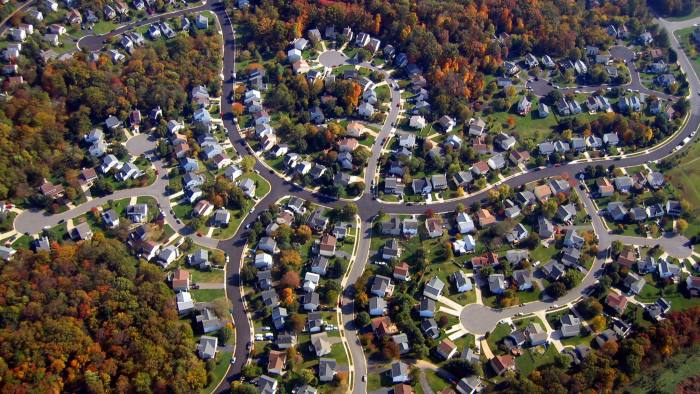 Aerial view of a suburban housing development in autumn, Washington, USA.