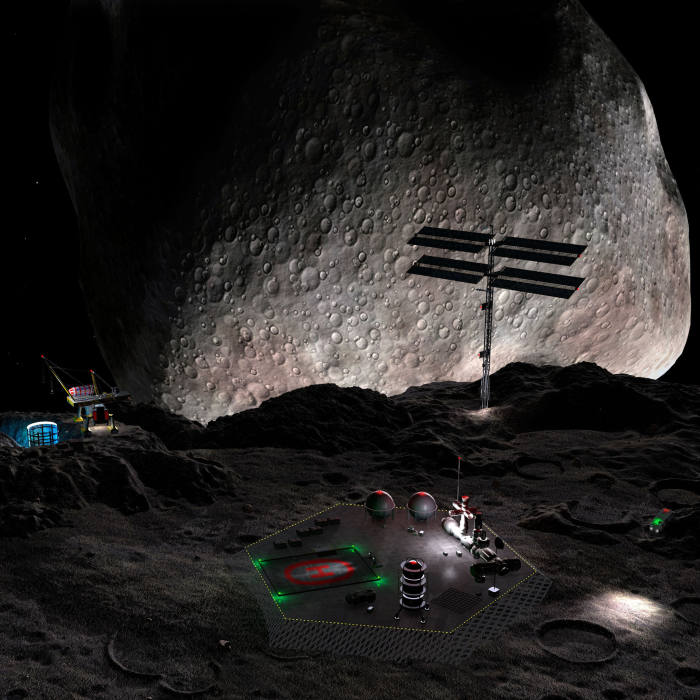 C0DR6T Artist's concept of a mining settlement on the double asteroid 90 Antiope.
