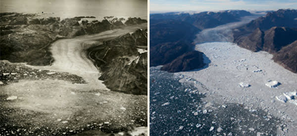 The Fenris glacier in the Sermilik fjord on the southeast coast of Greenland, photographed in 1932-1933 (left) and in 2012. The glacier has retreated by 5,000m, with the rate of retreat increasing rapidly in the past decade