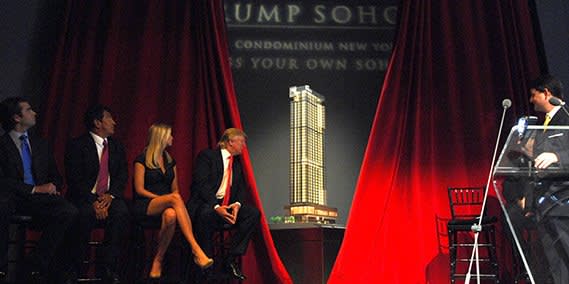 UNITED STATES - SEPTEMBER 19:  The Trump family watches as the Trump Soho Hotel Condominium is unveiled during a news conference in New York, U.S., on Wednesday, Sept. 19, 2007. The Trump Soho Hotel Condominium is under construction at 246 Spring Street.  (Photo by Jennifer Altman/Bloomberg via Getty Images)