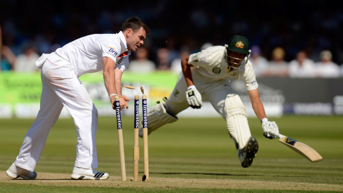 England's Anderson runs out Australia's Agar during the second Ashes cricket Test match at Lord's in London